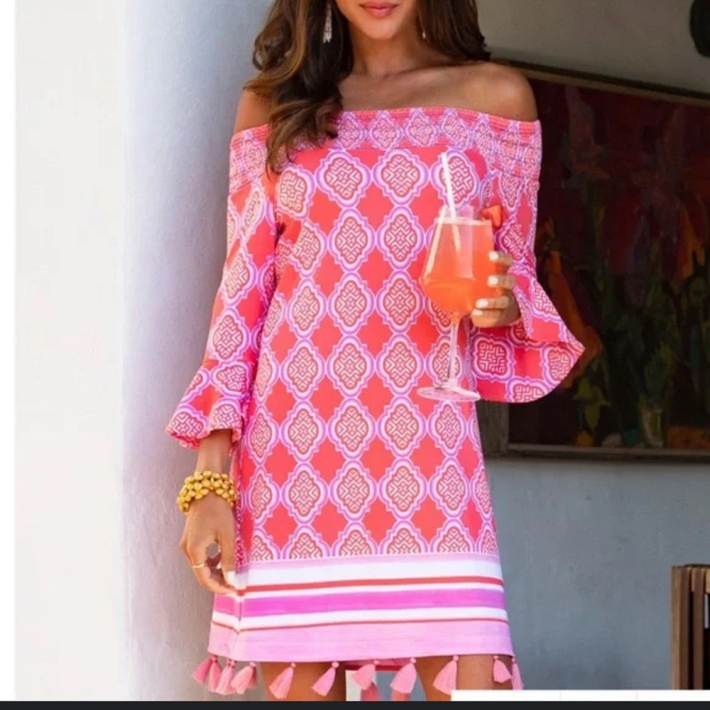Cabana Life Pink Off-Shoulder Long Sleeve Tassel Dress